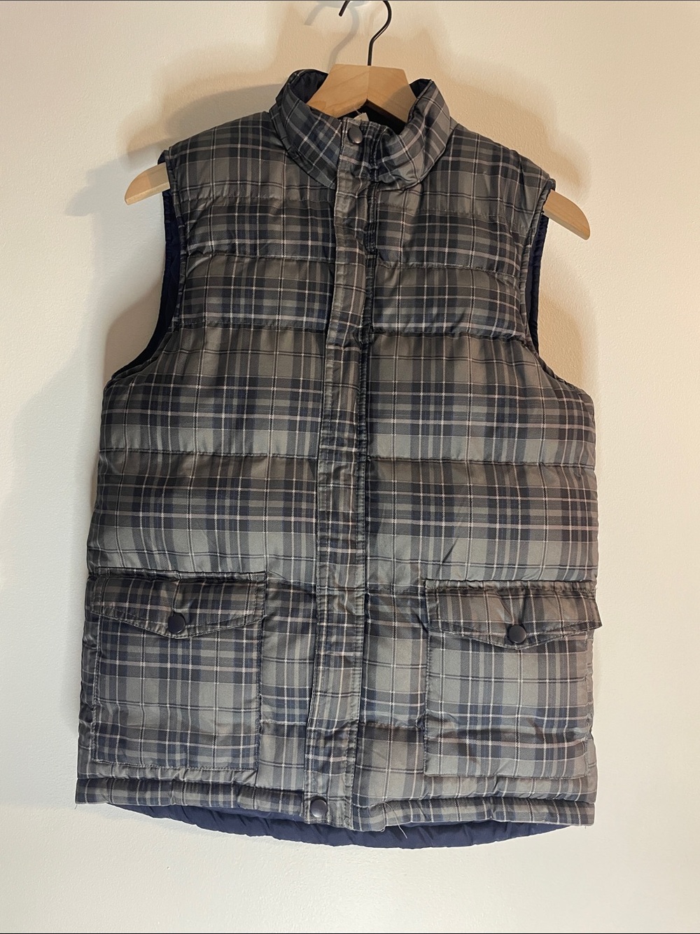 Cherokee Puffer Vest Plaid Reversible Navy Blue Gray Kids Youth Boys Large